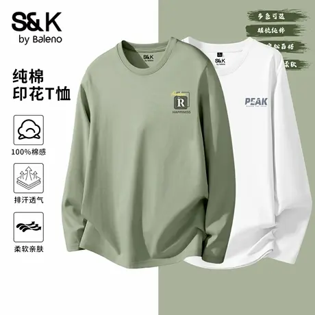 班尼路S&K系列纯棉印花长袖t恤男款秋季正肩上衣圆领宽松打底衫男商品大图
