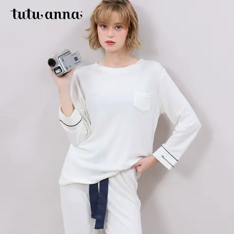 tutuanna春秋睡衣女 基础素色透气套头长袖长裤家居服女套装商品大图