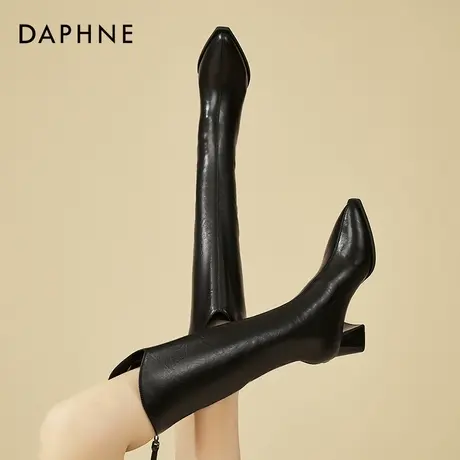 达芙妮6.5CM高跟V口长筒靴女款秋冬新款加绒小个子尖头粗跟高筒靴商品大图