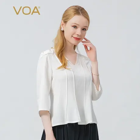 VOA真丝38姆米细纹乔V领七分袖褶皱撞料拼接荷叶边百搭桑蚕丝T恤商品大图