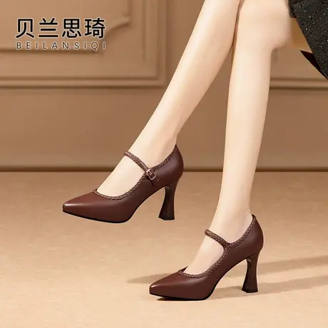 真皮一字带浅口粗跟单鞋女2025秋季新款模特走秀防水台高跟鞋商品大图
