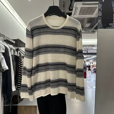 韩国东大门25秋季新款韩系宽松复古时尚圆领撞色条纹羊毛针织衫女图片