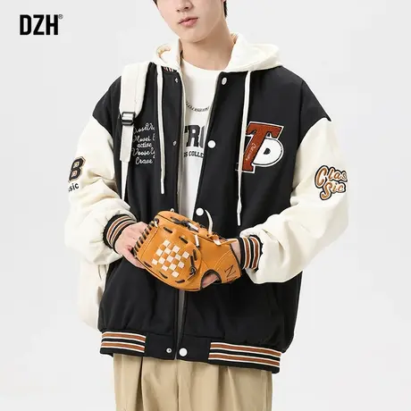 男士假两件外套男款春秋季棒球服男美式潮牌宽松工装夹克连帽上衣商品大图