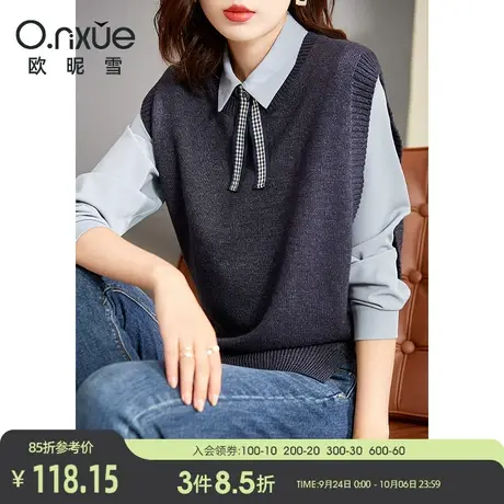 欧昵雪2023秋装新款休闲圆领宽松毛衣马甲女无袖背心针织衫上衣商品大图