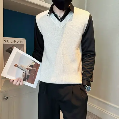无袖针织背心马甲男秋冬ins潮流个性纯色修身v领套头打底毛衣坎肩图片