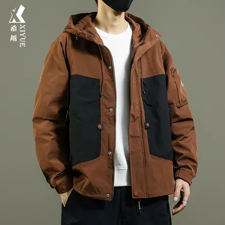 希越防水机能风夹克男锈红色秋宽松大码拼接户外连帽冲锋衣外套男商品大图