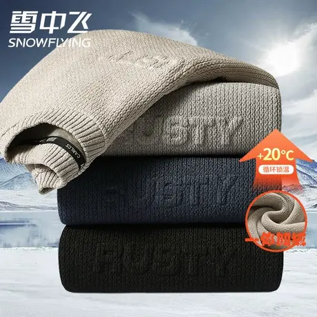 雪中飞秋冬加绒针织衫男款加厚保暖圆领百搭中青年冬季内搭毛线衣图片