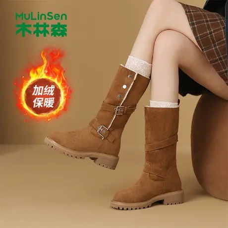 木林森女鞋2025冬季新款加绒加厚保暖靴两穿时尚骑士靴简约时装靴商品大图