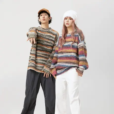 套头条纹毛衣女秋冬2023新款慵懒风情侣装上衣复古宽松针织衫外套图片