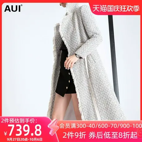 粗花呢欧美风绑带毛呢外套女中长款2023秋冬新款时尚气质呢子大衣商品大图