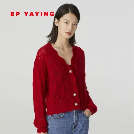 EP YAYING雅莹女装 排扣短款V领镂空针织开衫 秋装商场同款9106A商品大图