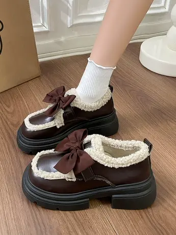 2023新款舒适蝴蝶结厚底小皮鞋法式英伦风复古百搭小众软底小皮鞋图片