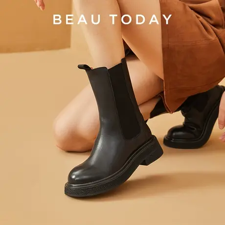 BeauToday厚底切尔西2023新款英伦风中筒靴BT冬季粗跟真皮烟筒靴图片