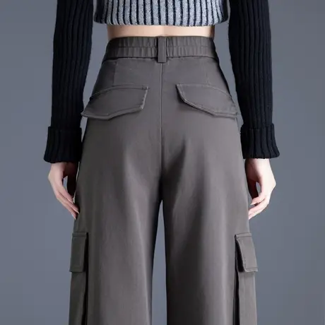 灰色工装裤女秋冬季2023新款裤子休闲裤多口袋美式直筒阔腿裤长裤商品大图