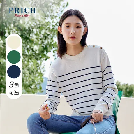 PRICH针织衫新品秋冬新款条纹质感海军风金属扣宽松落肩毛衣女商品大图