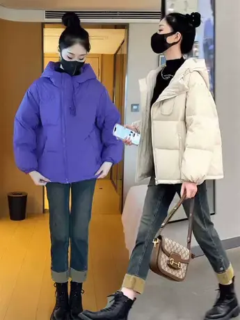 2023冬季新款羽绒服外套女短款韩版宽松设计感双拉链系带连帽上衣图片