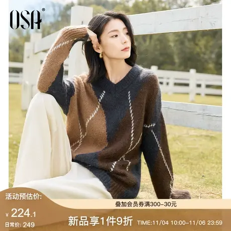 OSA欧莎慵懒风美拉德菱格撞色针织衫毛衣女秋冬季2023年新款上衣图片