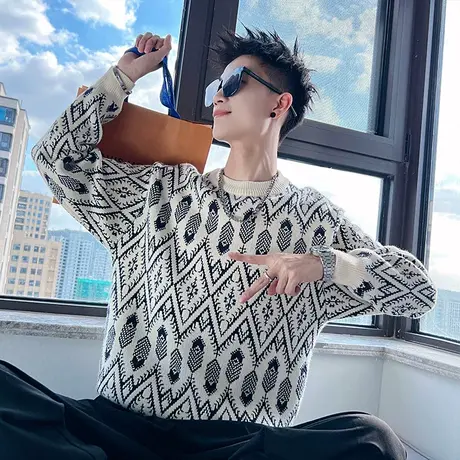 潮牌复古民族风菱格提花毛衣男2023秋冬轻熟小众加厚针织打底线衣商品大图