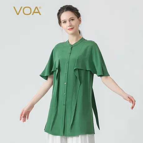 VOA30姆米重磅桑蚕丝绿色立领单排扣立体装饰荷叶边短袖真丝衬衫图片