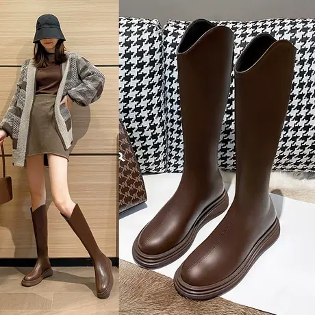 棕色长筒靴女2023年新款春秋厚底真皮小个子不过膝骑士马丁高筒靴商品大图
