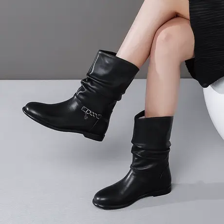 靴子女2023新款堆堆靴秋冬软皮圆头大码平底短靴软底真皮中筒靴女图片