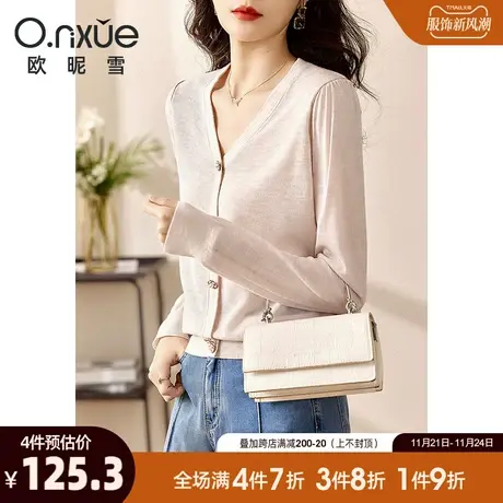 欧昵雪2024春秋新款针织衫女长袖简约V领套头时尚宽松别致上衣图片