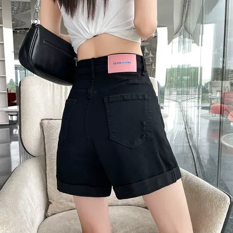 黑色卷边牛仔短裤女夏季薄款宽松高腰显瘦百搭a字遮胯阔腿热裤潮商品大图