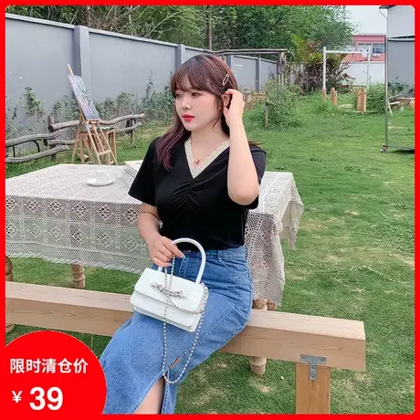 【清仓】新款V领拼接花边针织弹力T恤黑色宽松显瘦大码胖mm上衣女商品大图