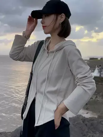 不规则连帽长袖t恤女秋季2023新款女装韩版宽松显瘦双拉链上衣潮商品大图