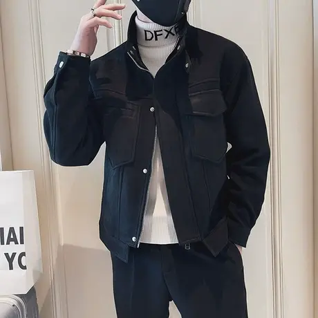 外套秋季修身纯色痞帅休闲上衣潮牌春秋日系个性工装口袋学生夹克商品大图
