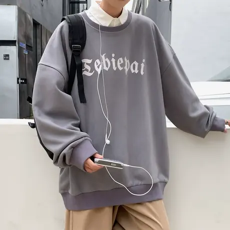 麂皮绒卫衣男高街潮牌ins复古美潮圆领春季外套宽松深灰色上衣服商品大图