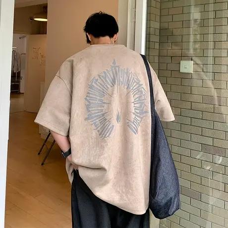 短袖T恤男ins潮牌圆领字母印花oversize学生体桖国潮宽松男女半袖图片