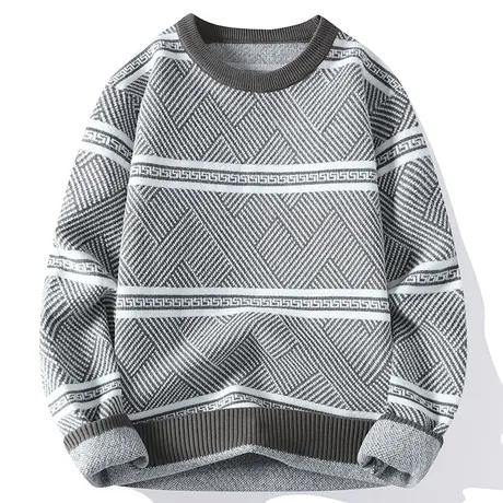 秋冬新款圆领毛衣男士加厚套头潮男针织衫上衣条纹提花打底衫线衣商品大图