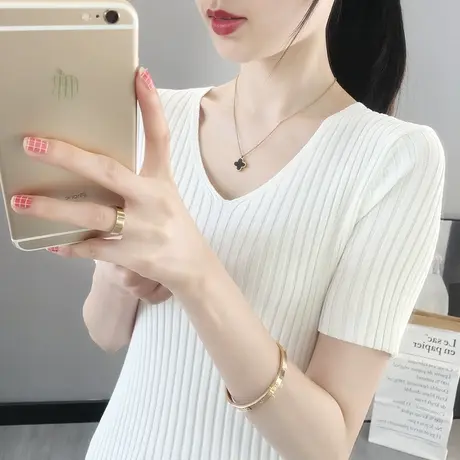 针织短袖上衣女装2023新款潮薄款女高端冰丝上衣V领弹力打底衫T恤商品大图