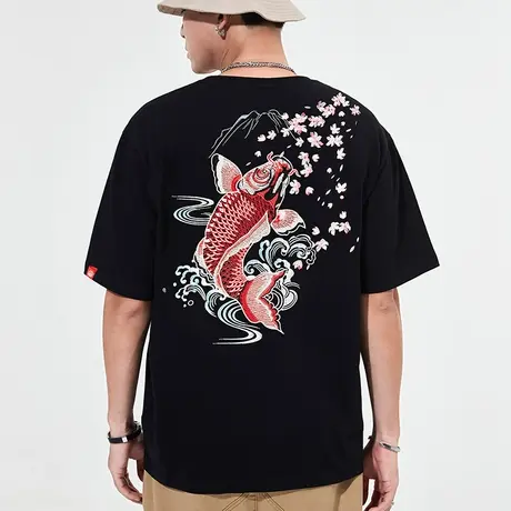 中国风重工刺绣鲤鱼纯棉宽松情侣半袖男装夏季国潮男士短袖t恤衫商品大图