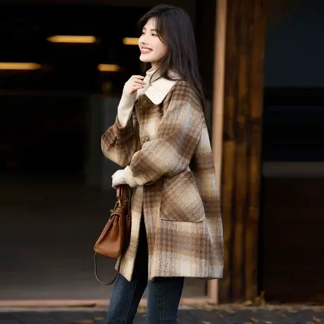 时尚大气格纹加厚毛呢大衣外套女士2023年冬季新款百搭设计感上衣商品大图