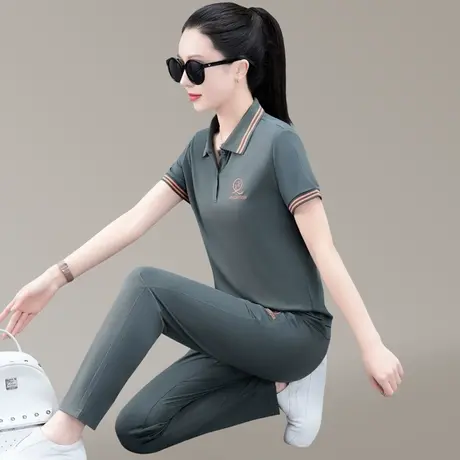 POLO领休闲运动套装女2024年春夏薄款洋气中年妈妈天丝衣服两件套商品大图