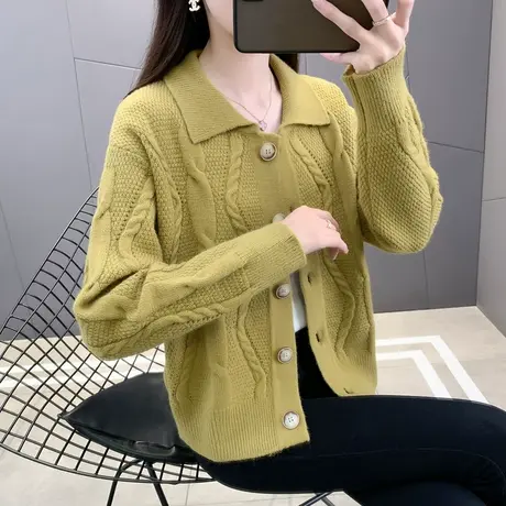 翻领女士毛衣纯色外套单排扣针织开衫秋冬新款2025短款毛衣小外搭图片