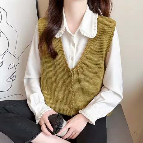 2024春装新款小清新减龄V领针织开衫马甲背心女显瘦外搭坎肩上衣商品大图