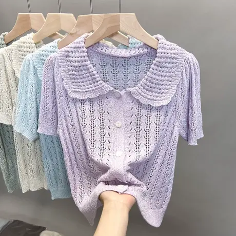 娃娃领镂空针织开衫女2025春秋秋新款短款外穿上衣薄短袖防晒衣潮商品大图