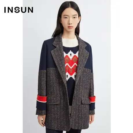 INSUN恩裳冬季人字纹粗纺拼接毛呢外套商品大图