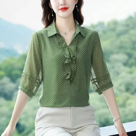 2023夏季新款中袖波点印花雪纺衬衫女上衣宽松显瘦妈妈装时尚小衫商品大图