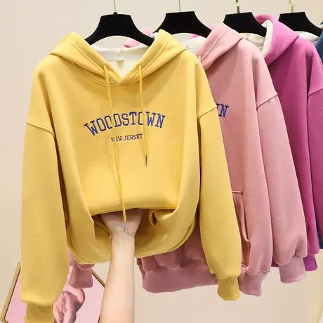 盐系上衣连帽卫衣女2023秋冬加绒加厚宽松韩版小个子bf慵懒风外套图片