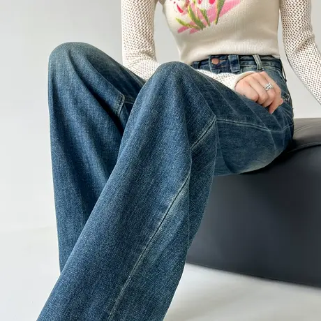 蓝色阔腿牛仔裤女春秋2024年新款高腰直筒宽松垂感高个子拖地裤子图片