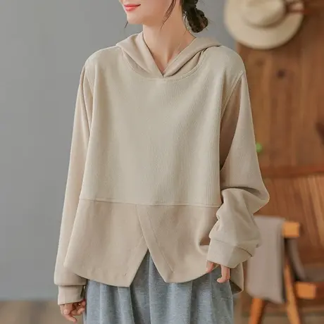 dza 复古纯棉拼接撞色连帽卫衣女士春秋显瘦上衣宽松百搭长袖外套图片