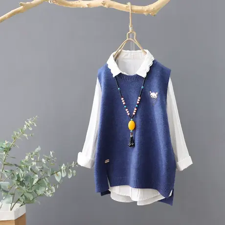 文艺简约范针织马夹女背心秋季新款圆领套头无袖外搭毛衣坎肩马甲商品大图