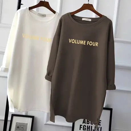 2022新款纯棉长袖T恤女圆领中长款韩版宽松休闲大码上衣秋冬内搭图片