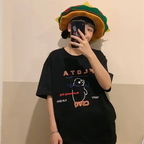 红续oversize小个子卡通印花短袖t恤女2023新款宽松纯棉夏季上衣图片