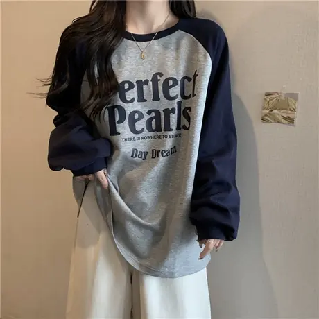 美式复古撞色插肩袖德绒磨毛打底衫女内搭秋冬季加绒保暖宽松上衣图片