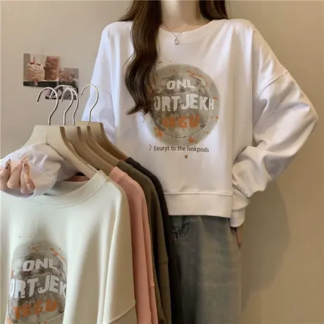 ins超火加绒加厚圆领无帽卫衣女秋冬宽松显瘦小个子短款上衣外套商品大图